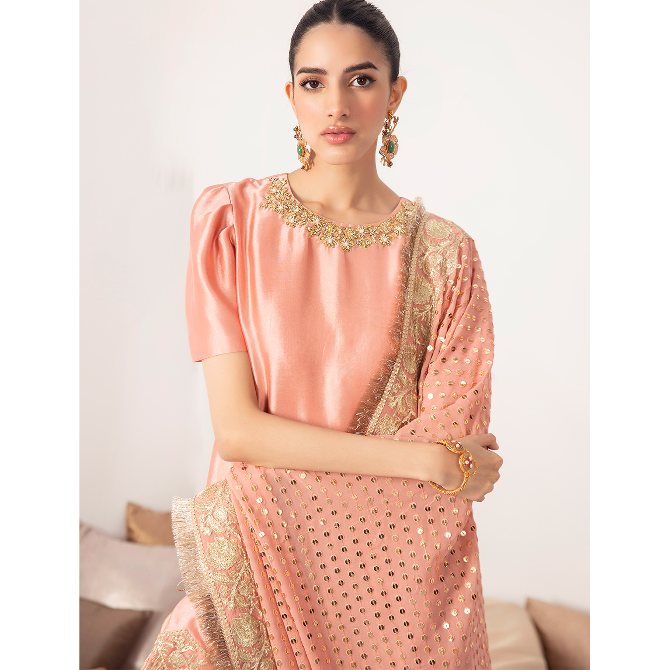 Blush Peach Zardozi Tissue Silk Salwar Kameez (3-Piece) - Image 4