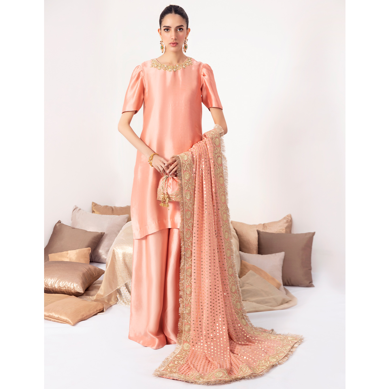 Blush Peach Zardozi Tissue Silk Salwar Kameez (3-Piece) - Image 5