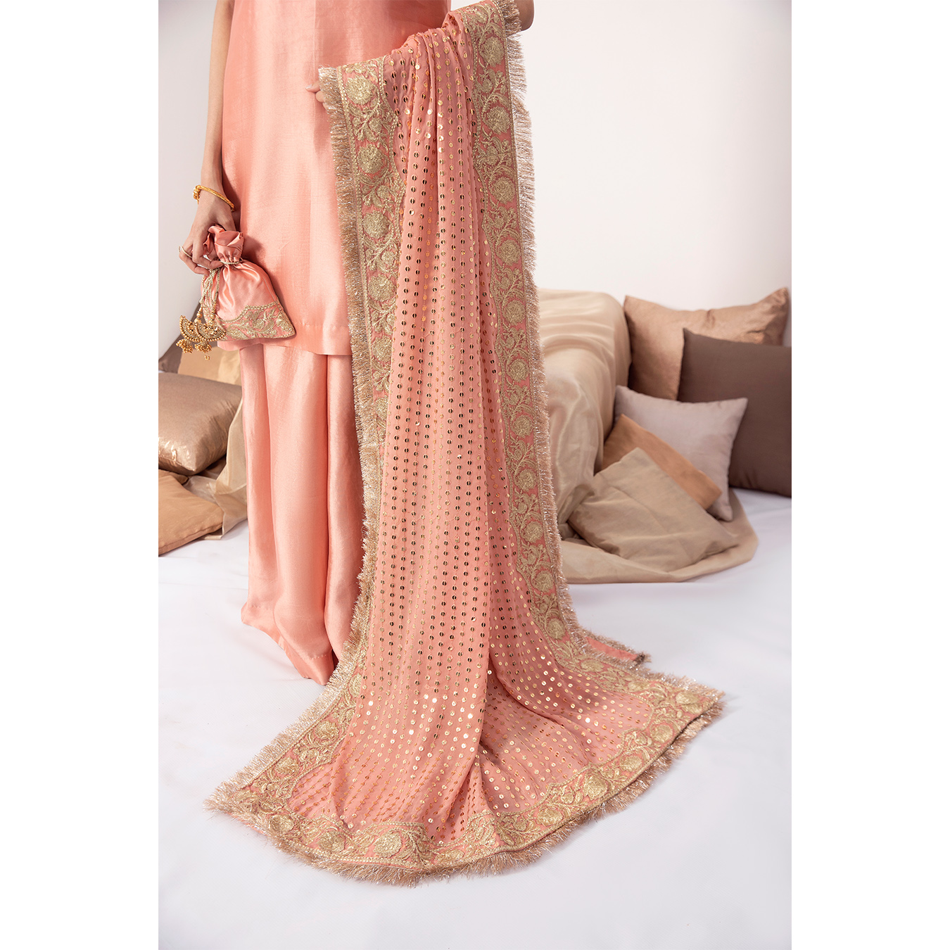 Blush Peach Zardozi Tissue Silk Salwar Kameez (3-Piece) - Image 6