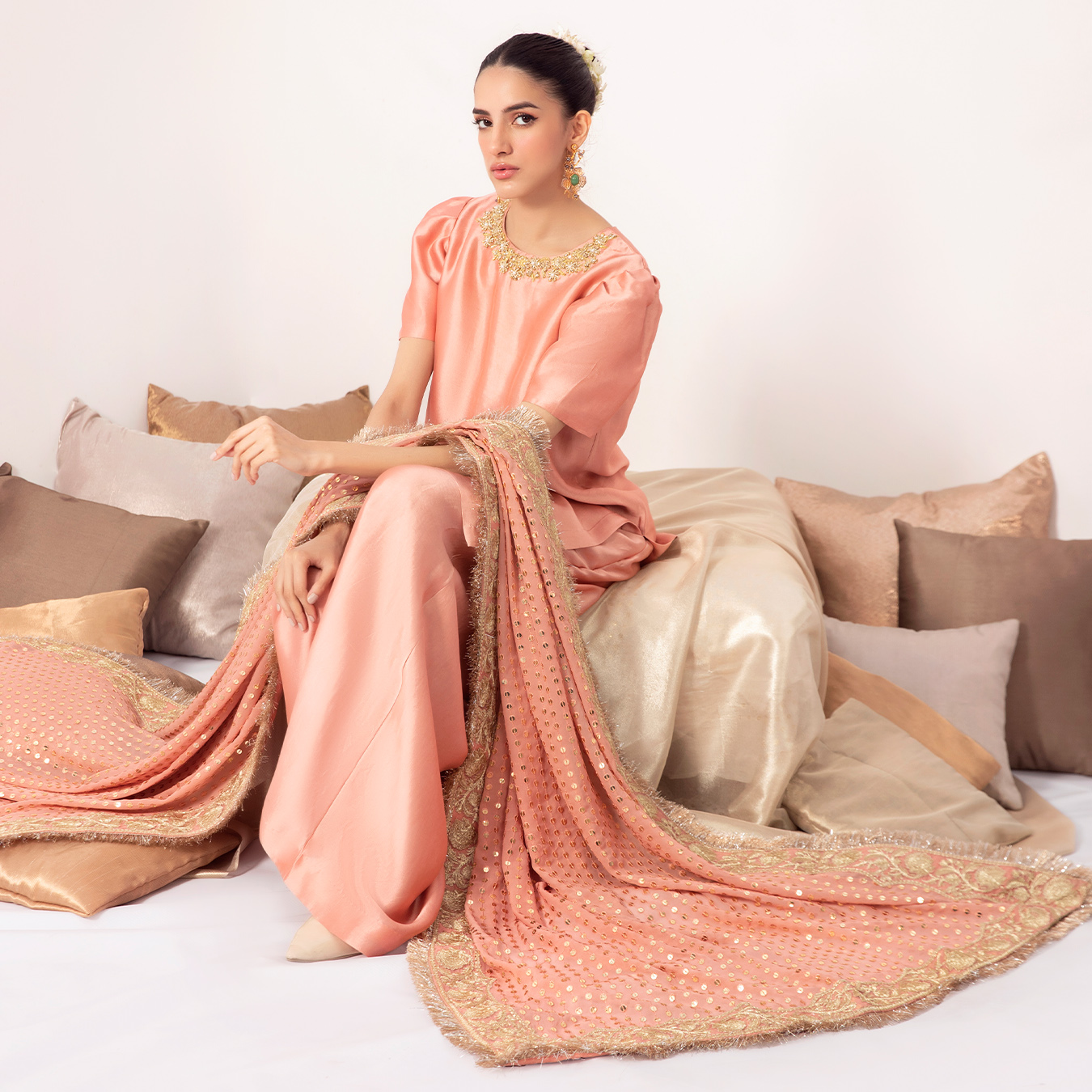 Blush Peach Zardozi Tissue Silk Salwar Kameez (3-Piece) - Image 7