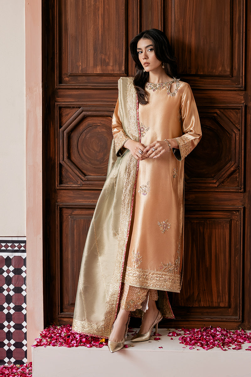 Pakistani Peach Gold Embroidered Zari Silk Salwar Kameez (3-Piece) - Image 1