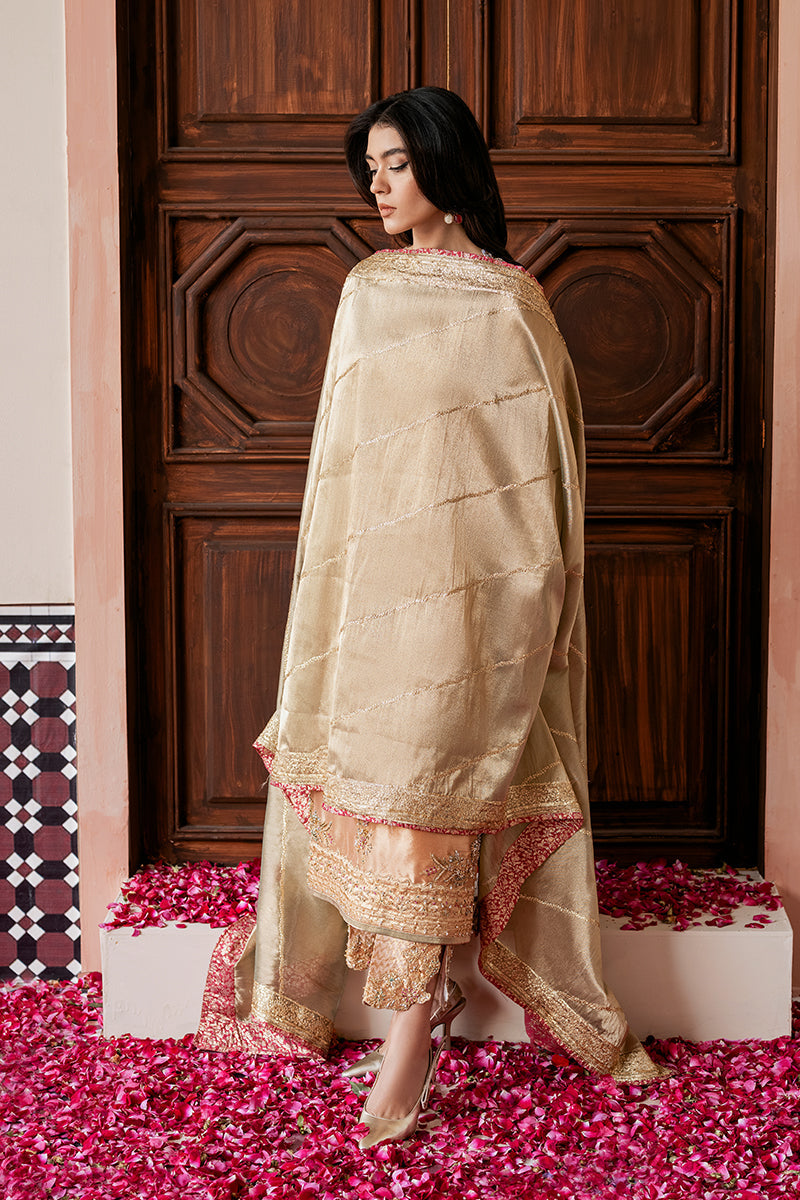 Pakistani Peach Gold Embroidered Zari Silk Salwar Kameez (3-Piece) - Image 2