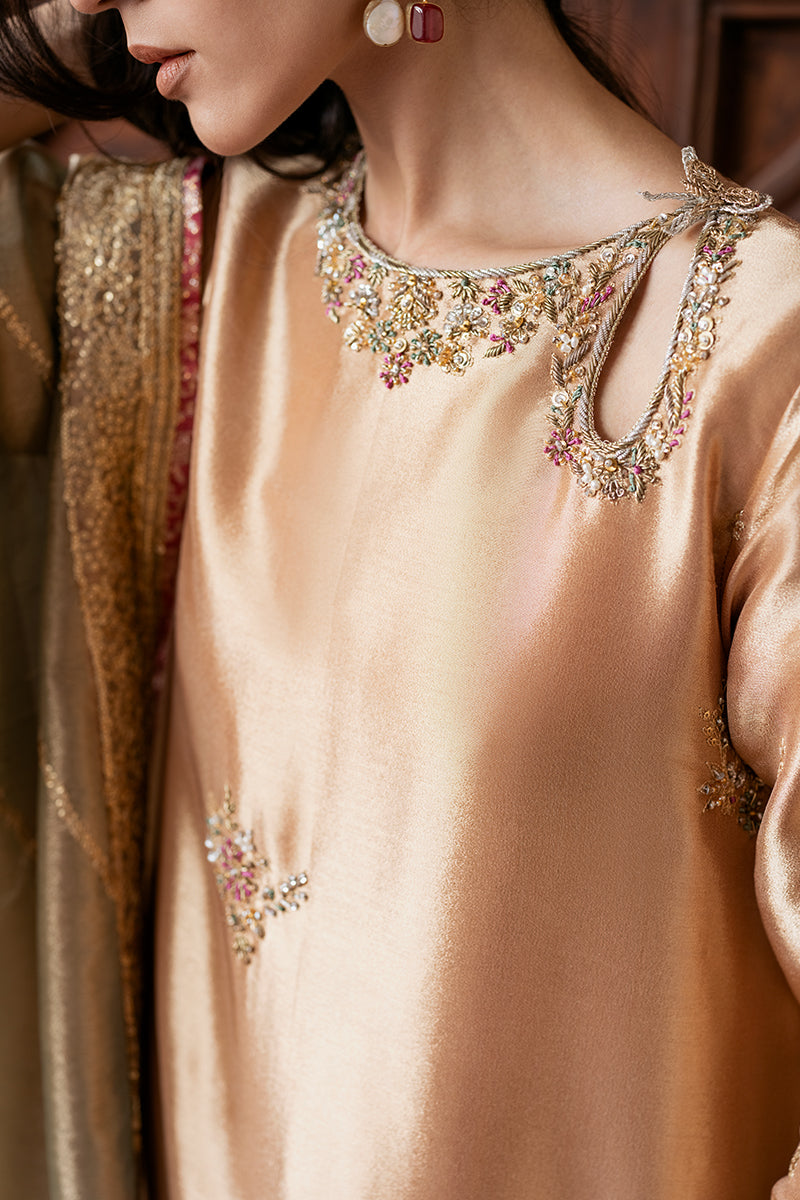 Pakistani Peach Gold Embroidered Zari Silk Salwar Kameez (3-Piece) - Image 3