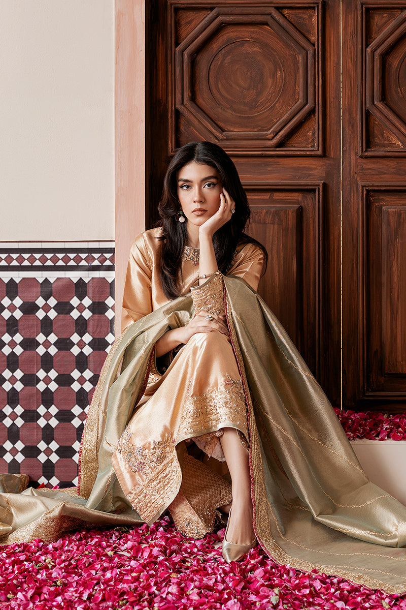 Pakistani Peach Gold Embroidered Zari Silk Salwar Kameez (3-Piece) - Image 4