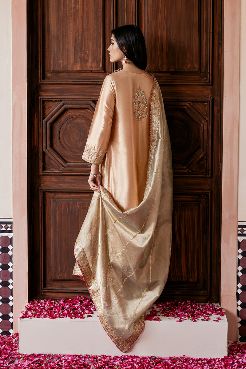 Pakistani Peach Gold Embroidered Zari Silk Salwar Kameez (3-Piece) - Image 6