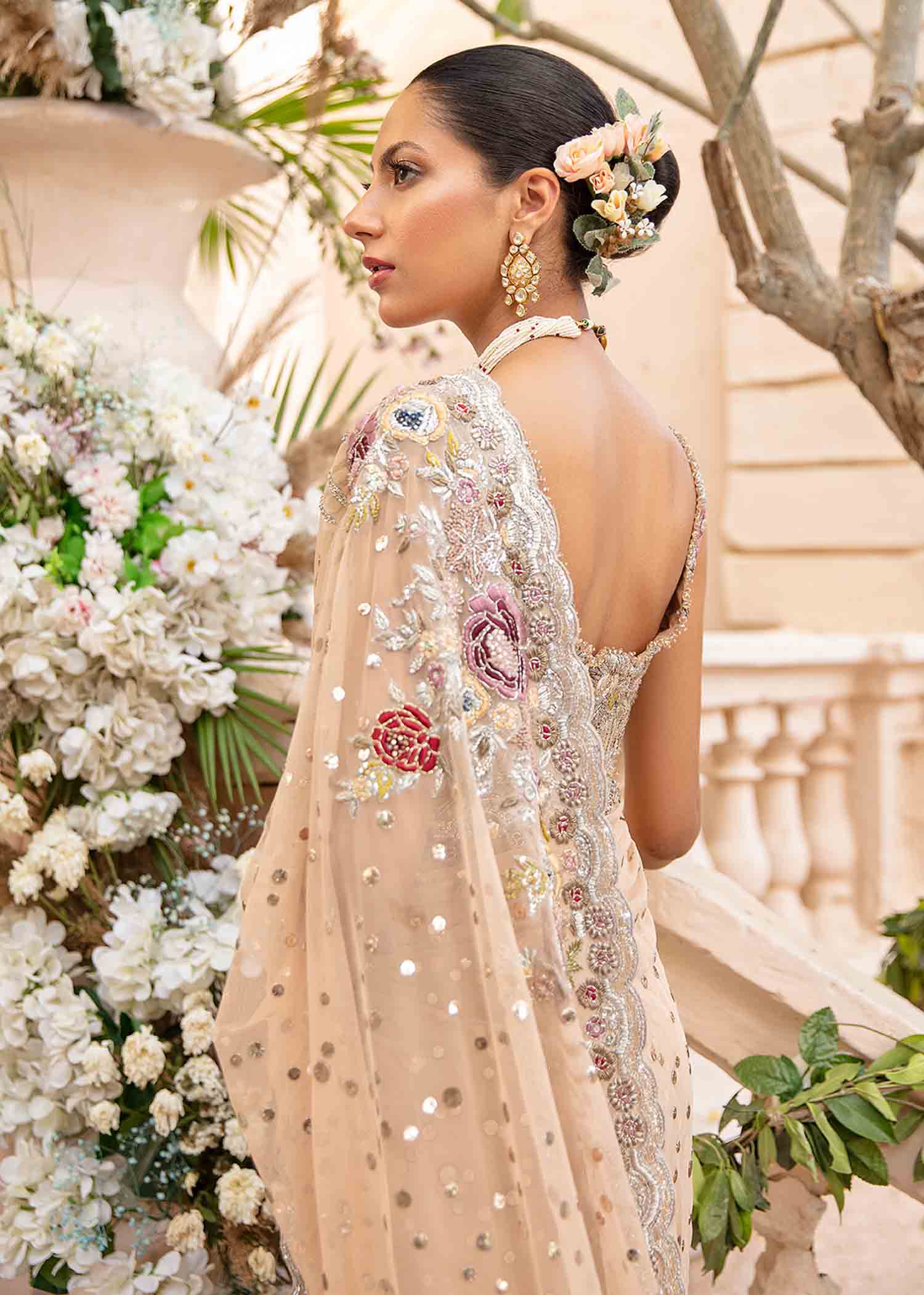Pakistani Peach Nude Sequin Net Saree (2-Piece) - Image 4