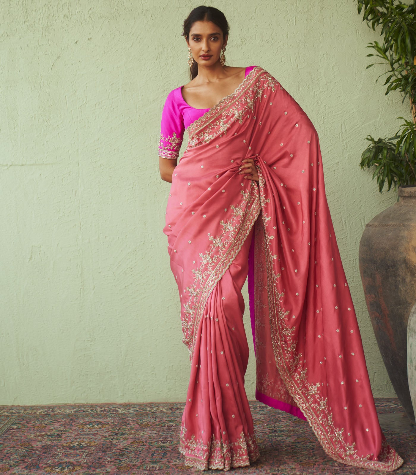 Deep Peach Embroidered Organza Saree Set (2-Piece) - Image 1