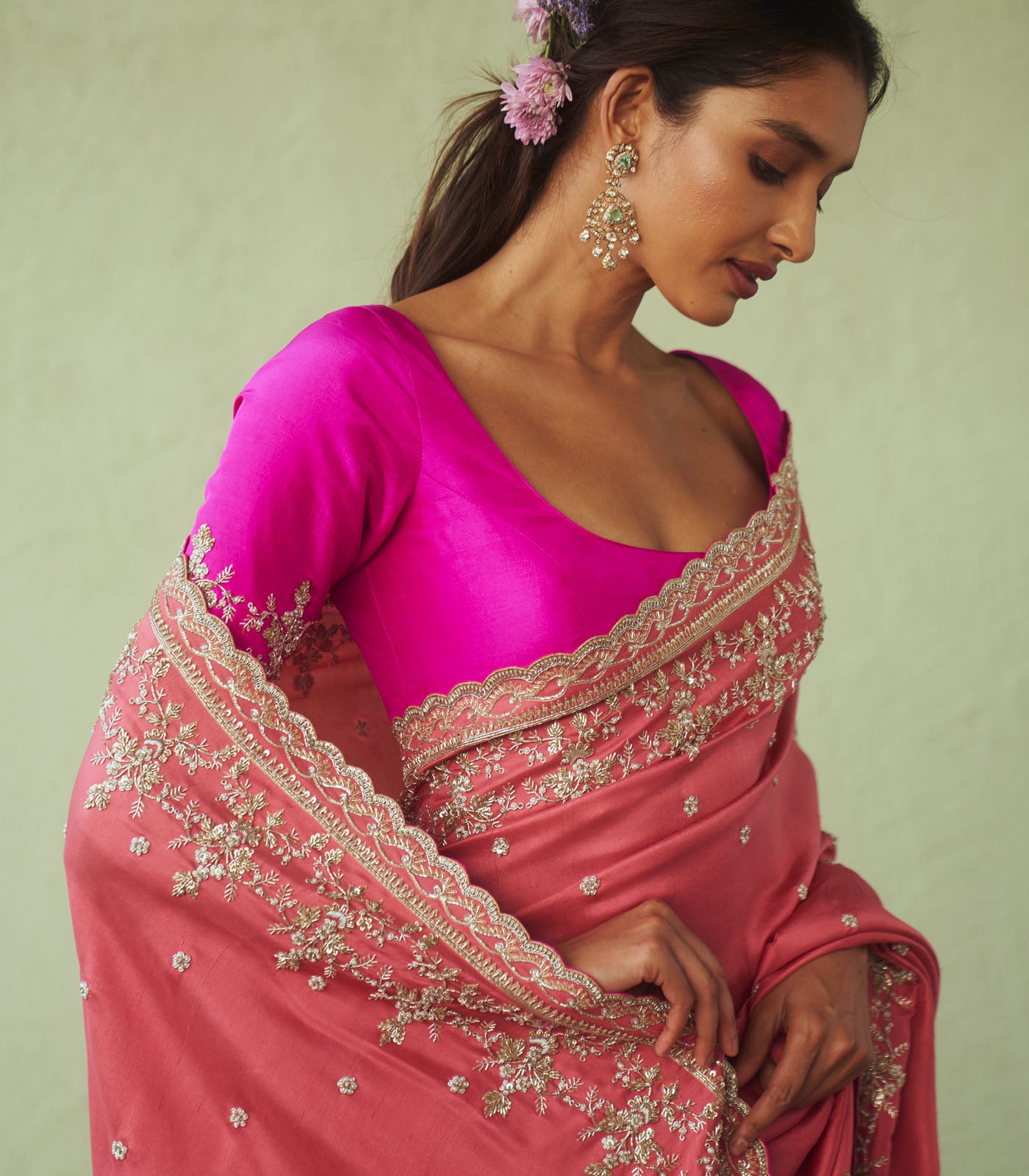 Deep Peach Embroidered Organza Saree Set (2-Piece) - Image 2