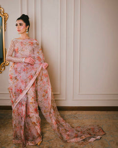 Muted Peach Resham Embroidered Organza Saree (3-Piece) - Image 1