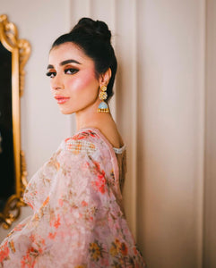 Muted Peach Resham Embroidered Organza Saree (3-Piece) - Image 2