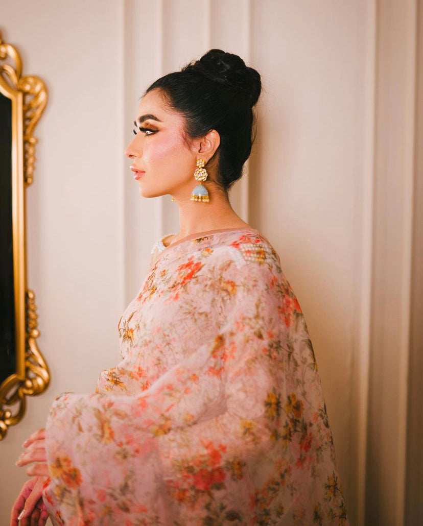 Muted Peach Resham Embroidered Organza Saree (3-Piece) - Image 3