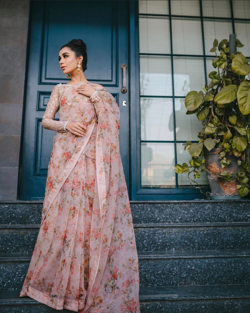 Muted Peach Resham Embroidered Organza Saree (3-Piece) - Image 6