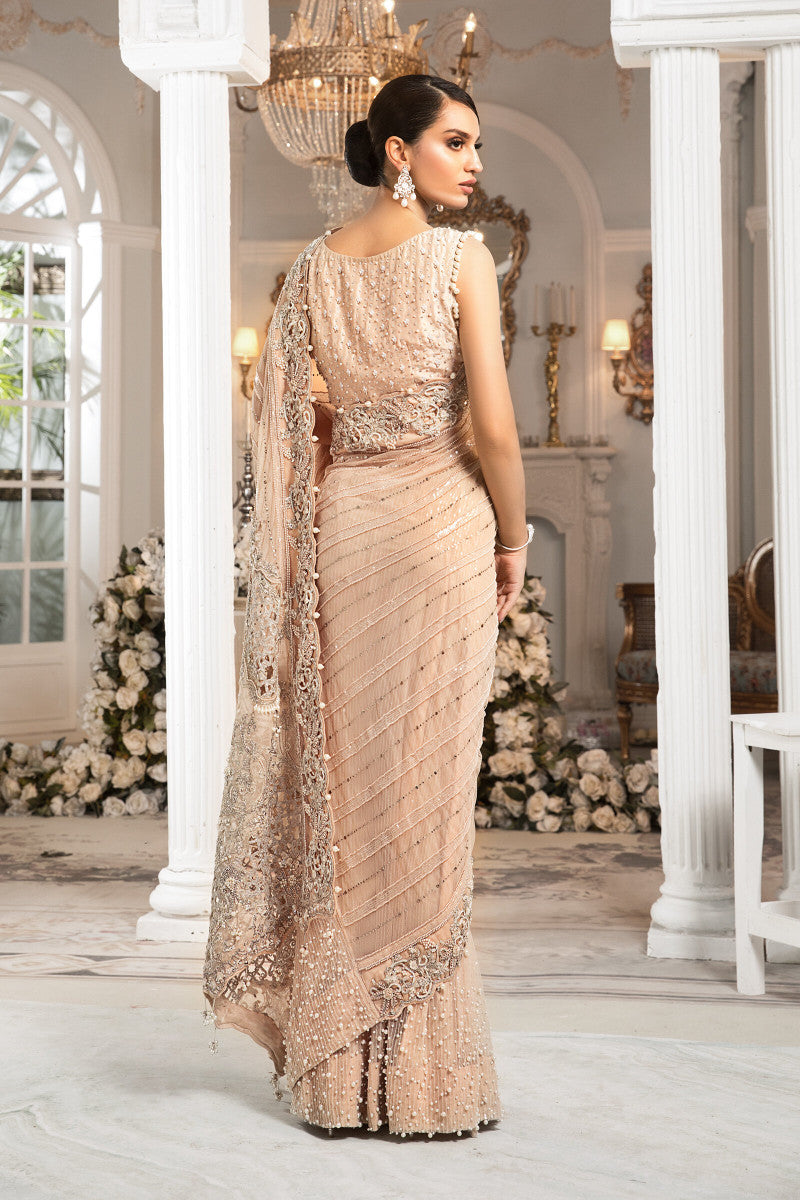 Powder Peach Embellished Net & Raw Silk Saree (3-Piece) - Image 2