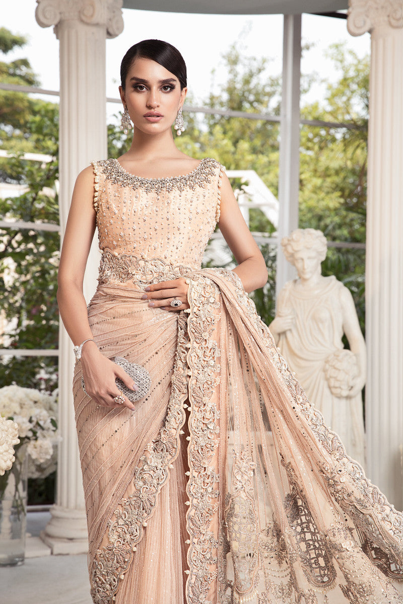 Powder Peach Embellished Net & Raw Silk Saree (3-Piece) - Image 3