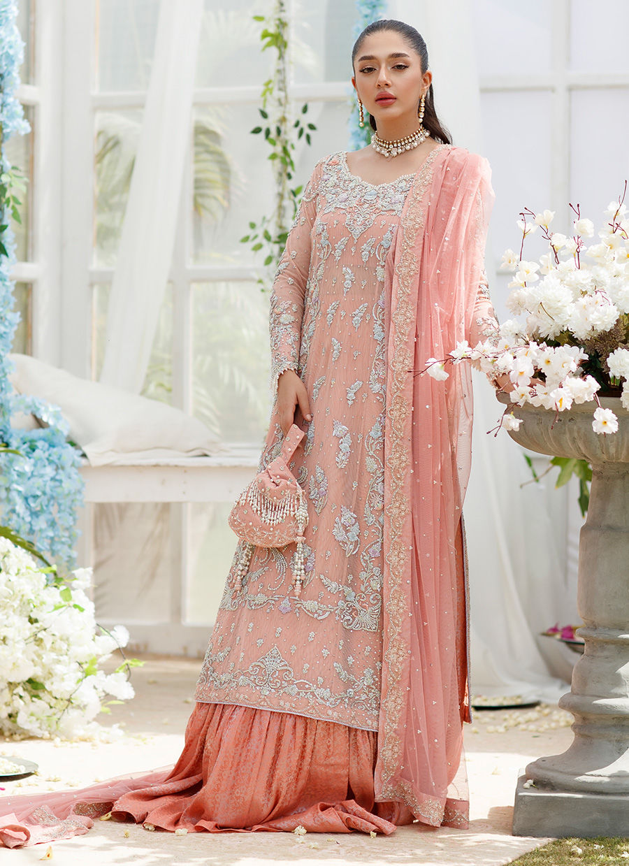 Pakistani Coral Peach Hand-Embellished Net Sharara (3-Piece) - Image 1