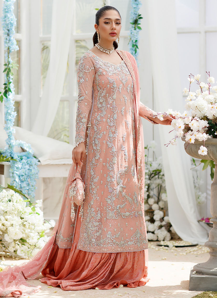 Pakistani Coral Peach Hand-Embellished Net Sharara (3-Piece) - Image 2