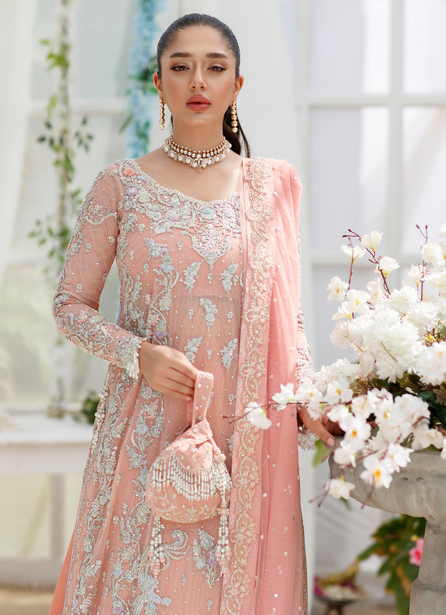 Pakistani Coral Peach Hand-Embellished Net Sharara (3-Piece) - Image 3