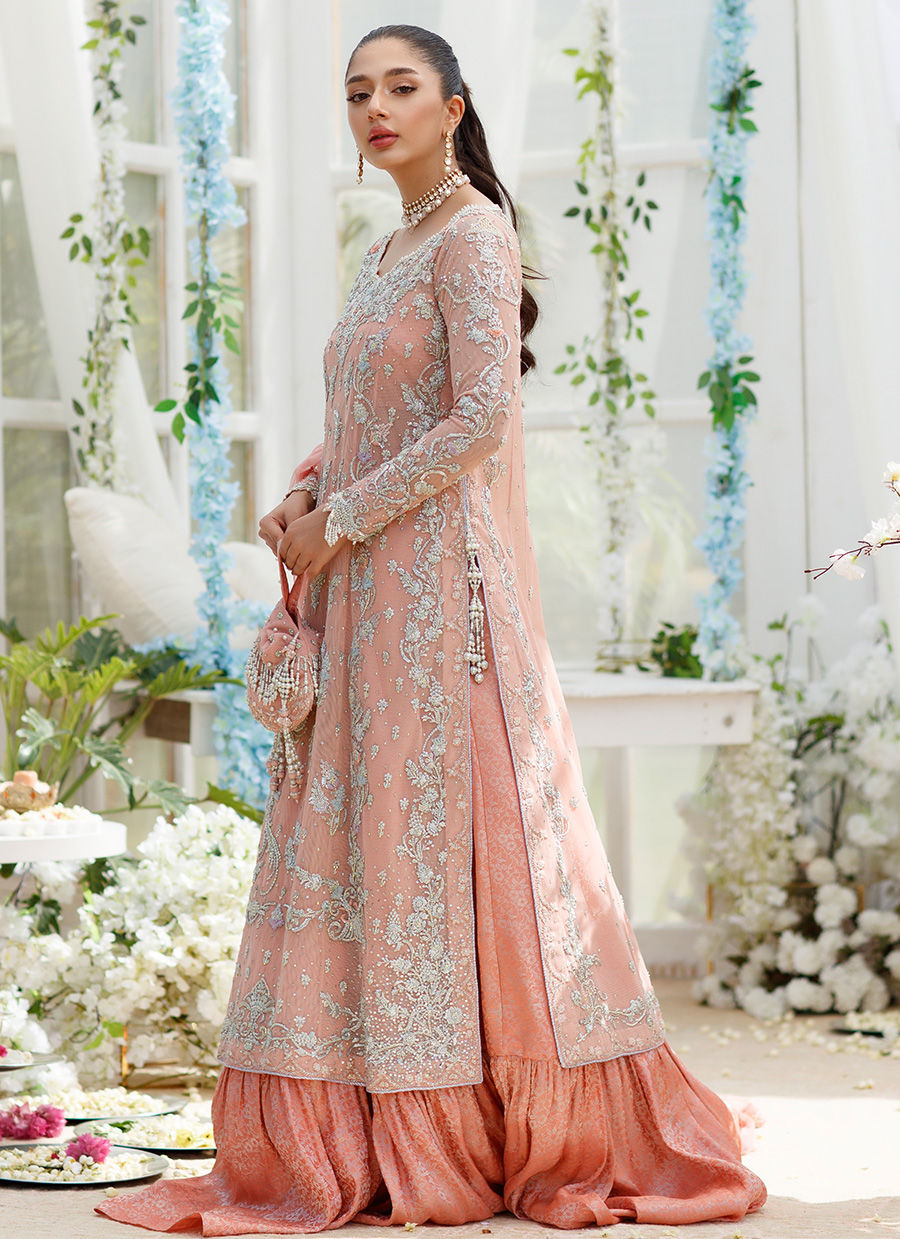 Pakistani Coral Peach Hand-Embellished Net Sharara (3-Piece) - Image 5