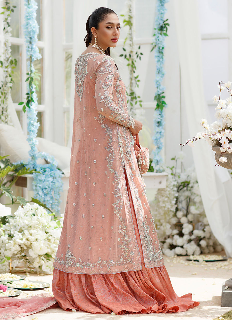 Pakistani Coral Peach Hand-Embellished Net Sharara (3-Piece) - Image 6