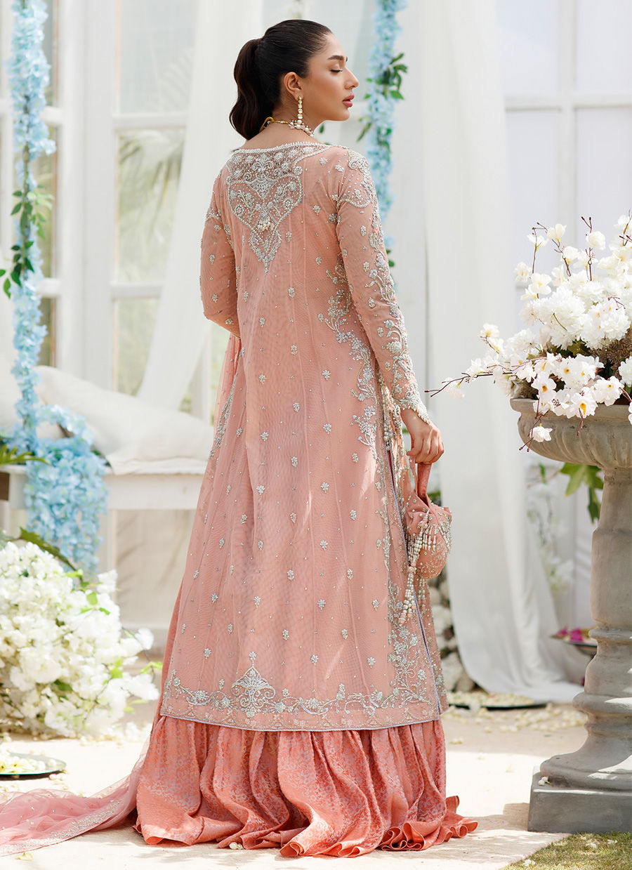Pakistani Coral Peach Hand-Embellished Net Sharara (3-Piece) - Image 7