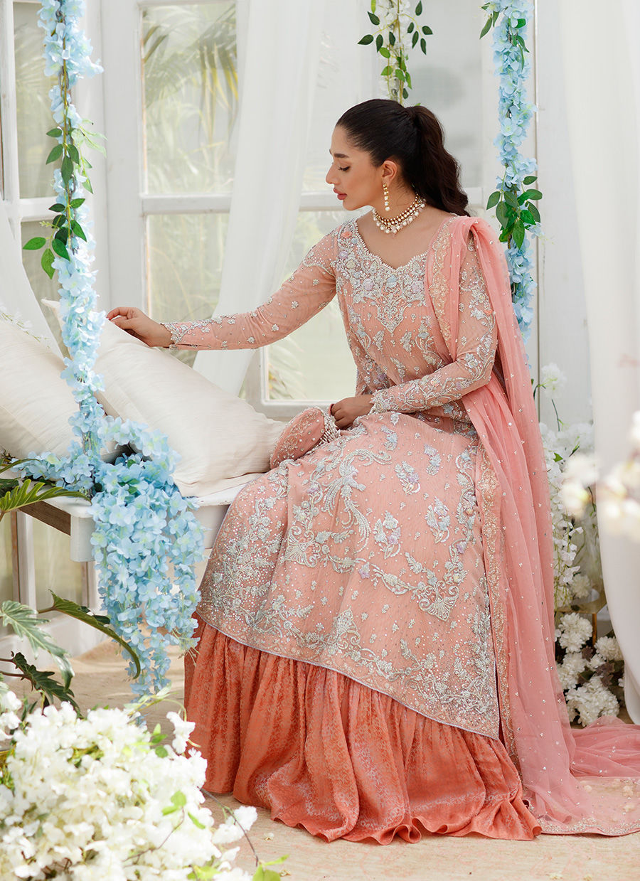 Pakistani Coral Peach Hand-Embellished Net Sharara (3-Piece) - Image 8