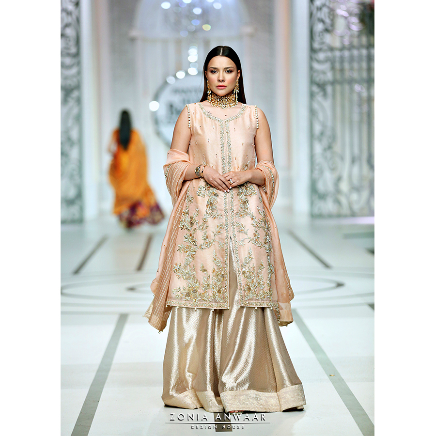 Pakistani Blush Peach Zardozi Pure Organza Sharara (3-Piece) - Image 1