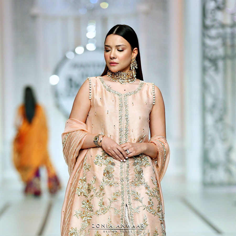 Pakistani Blush Peach Zardozi Pure Organza Sharara (3-Piece) - Image 2