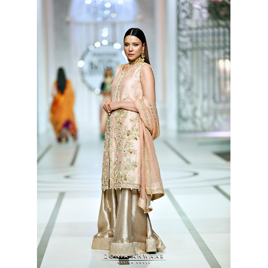 Pakistani Blush Peach Zardozi Pure Organza Sharara (3-Piece) - Image 3