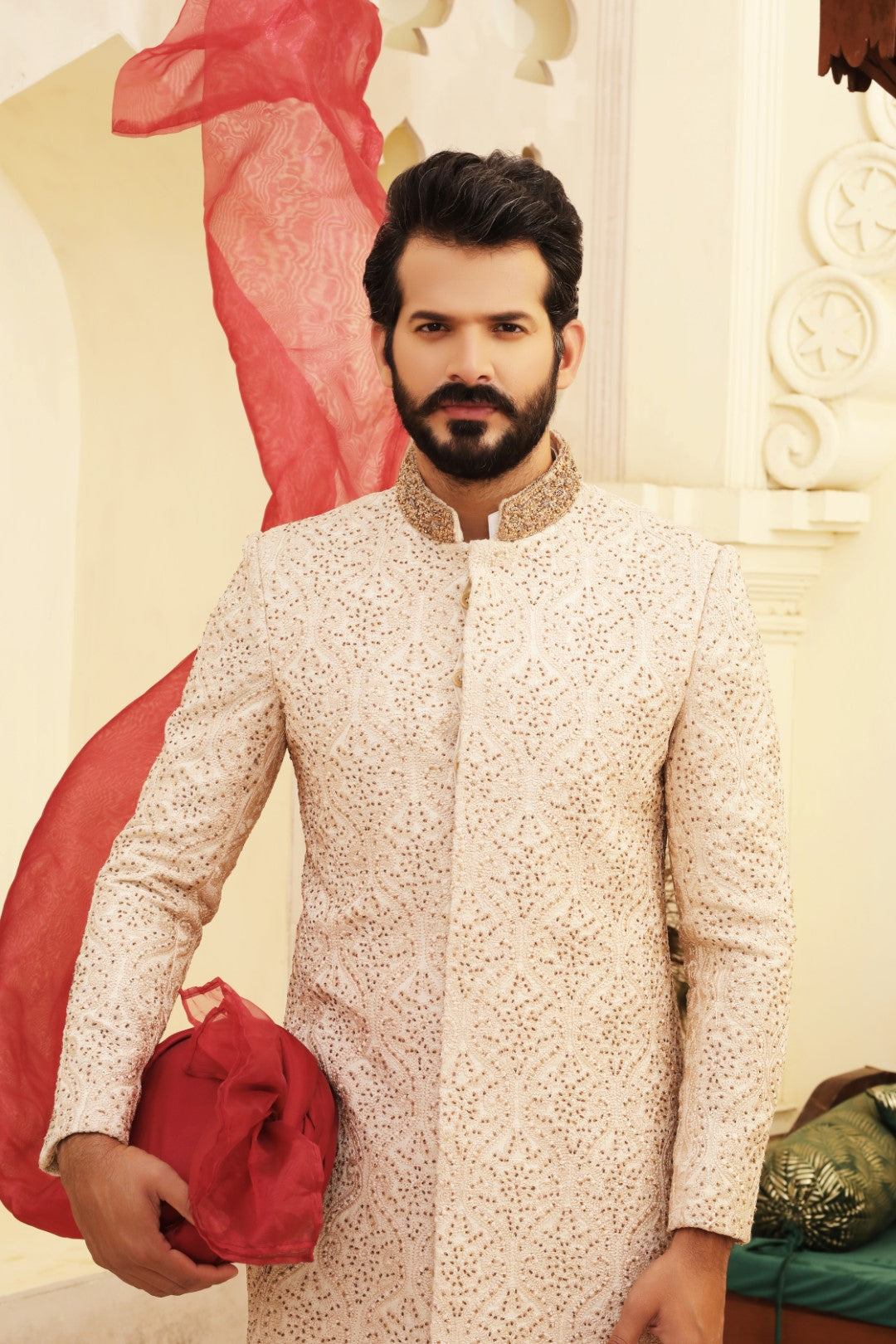 Peach Embroidered Silk Sherwani (3-Piece) - Image 2