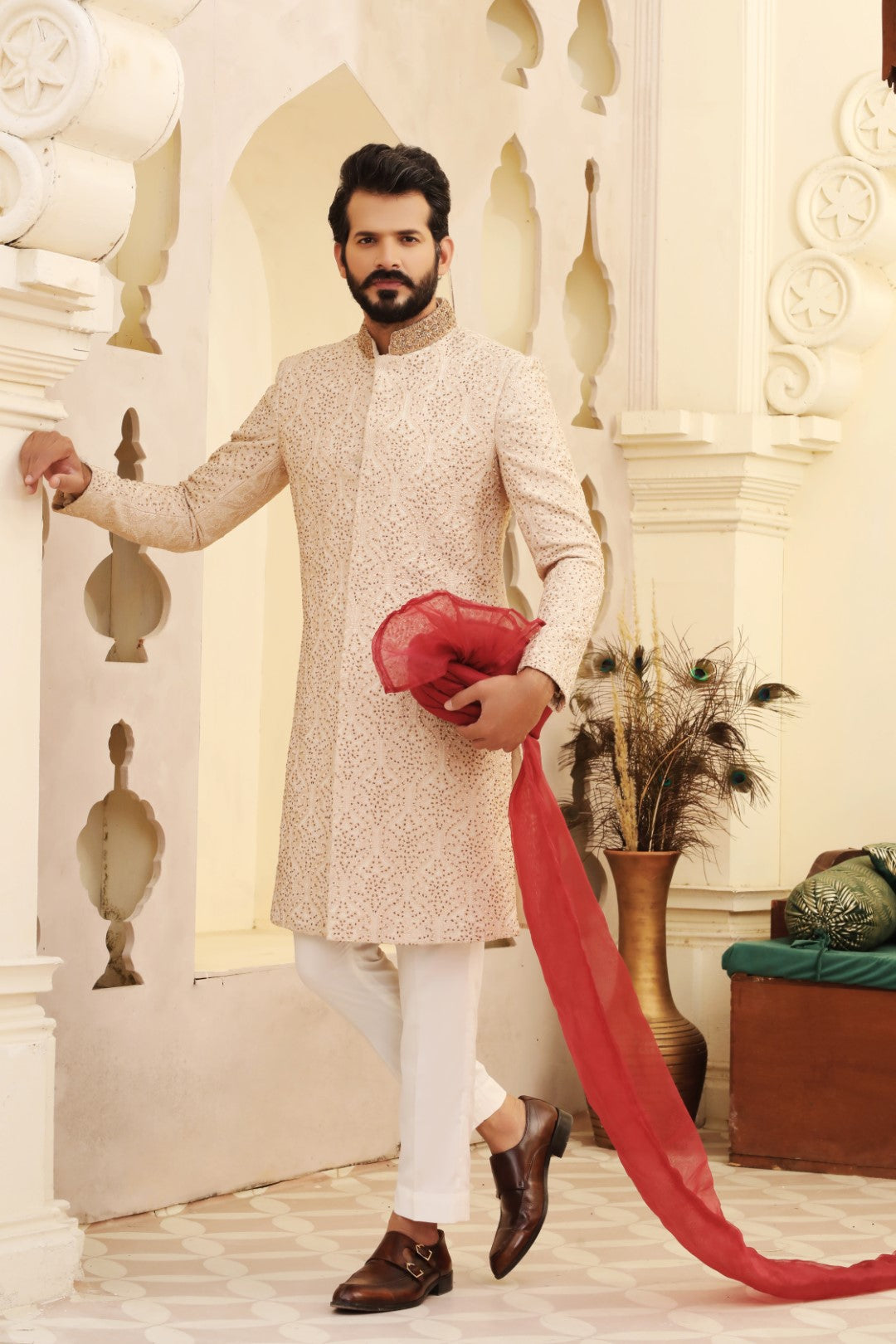 Peach Embroidered Silk Sherwani (3-Piece) - Image 3