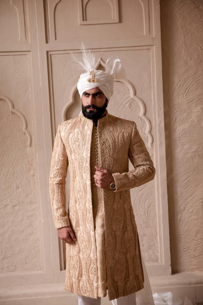 Coral Peach Embroidered Silk-Blend Sherwani (3-Piece) - Image 1