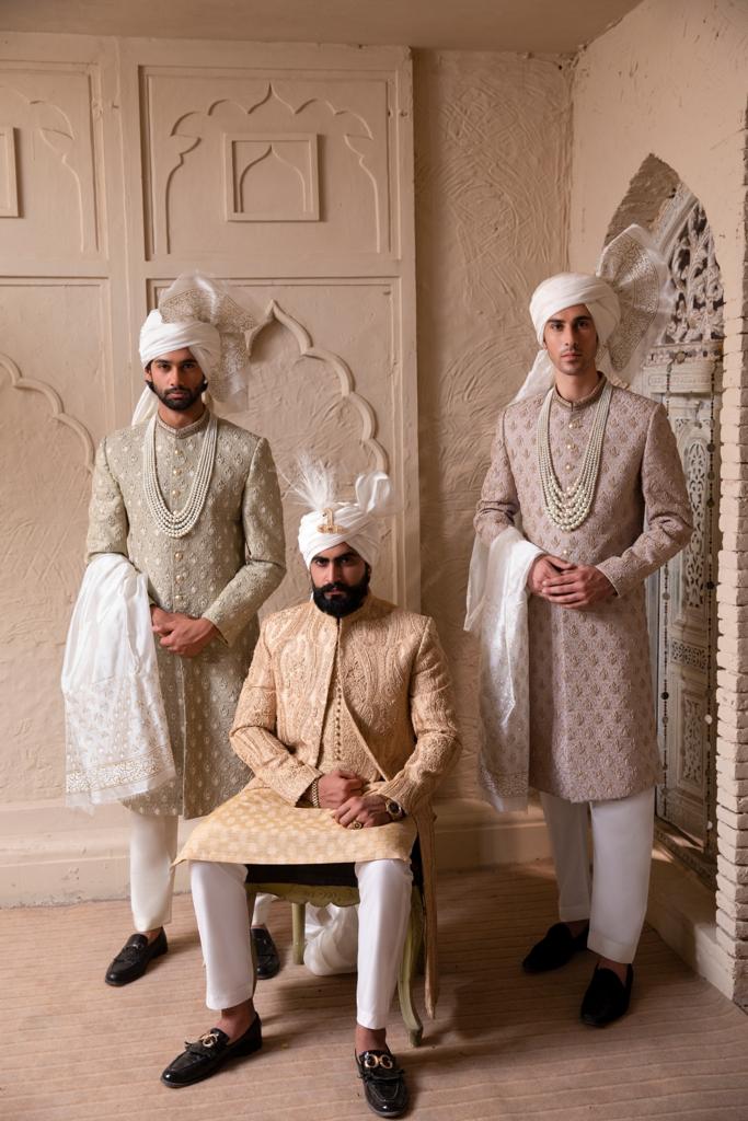 Coral Peach Embroidered Silk-Blend Sherwani (3-Piece) - Image 2