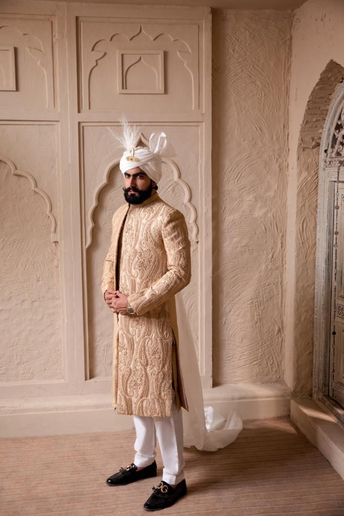 Coral Peach Embroidered Silk-Blend Sherwani (3-Piece) - Image 3