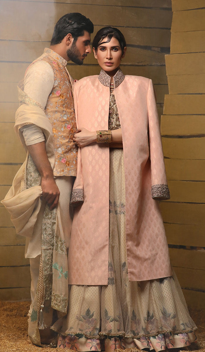 Peach-Orange Embroidered Brocade Waistcoat (1-Pc) - Image 1