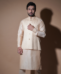 Pastel Peach Geometric Embroidered Silk-Blend Waistcoat Kurta (3-Piece) - Image 2