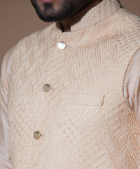 Pastel Peach Geometric Embroidered Silk-Blend Waistcoat Kurta (3-Piece) - Image 3