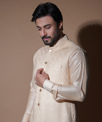 Pastel Peach Geometric Embroidered Silk-Blend Waistcoat Kurta (3-Piece) - Image 4
