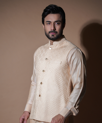 Pastel Peach Geometric Embroidered Silk-Blend Waistcoat Kurta (3-Piece) - Image 5