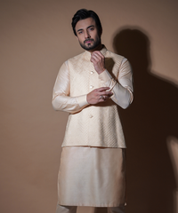 Pastel Peach Geometric Embroidered Silk-Blend Waistcoat Kurta (3-Piece) - Image 6