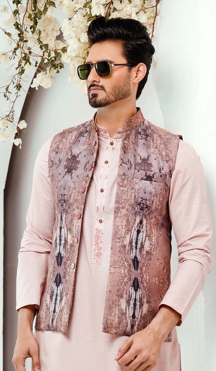 Dark Peach Embroidered Silk-Blend Waistcoat (3-Piece) - Image 1