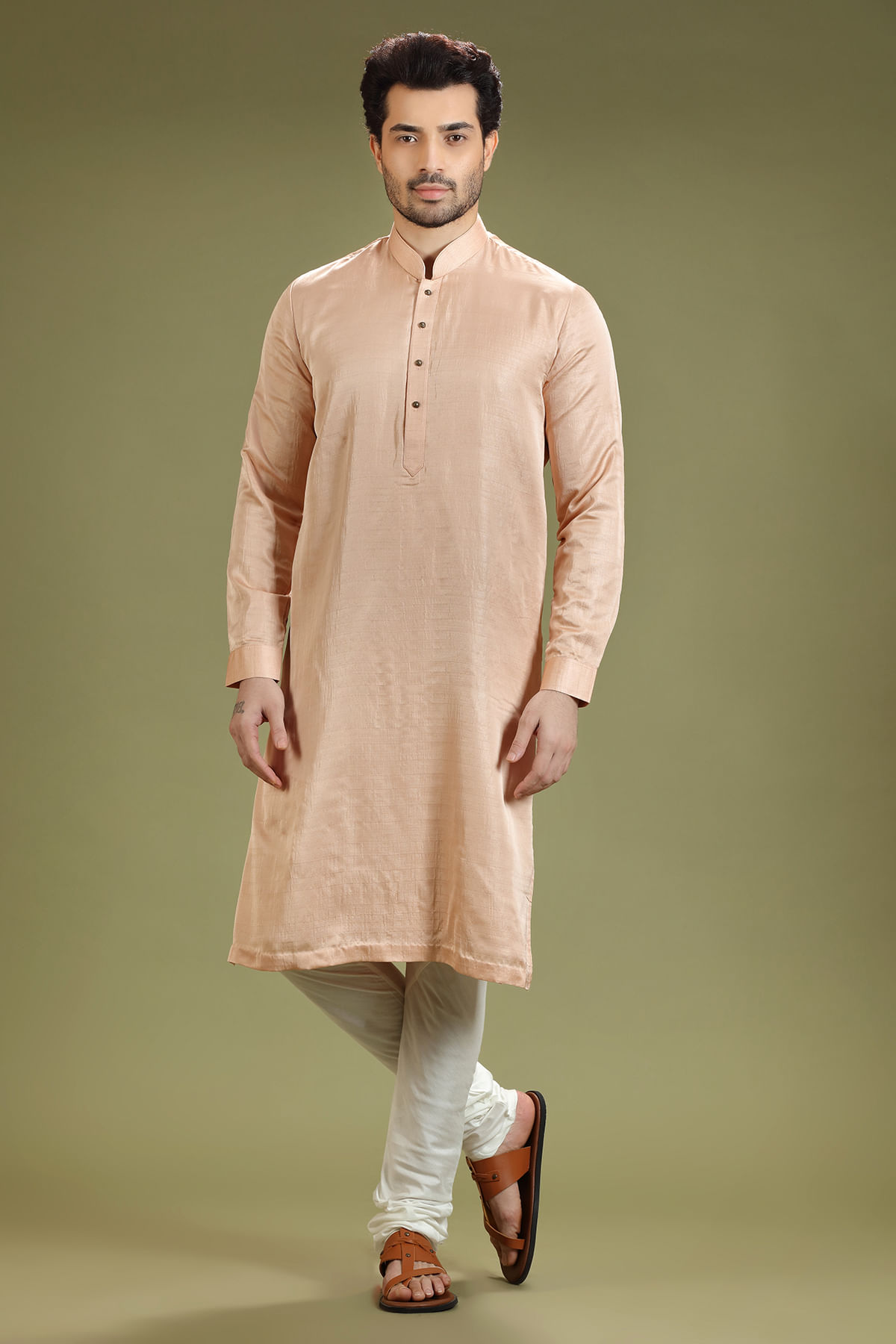 Light Peach Silk Straight-Cut Kurta Pajama (2-Piece) - Image 1