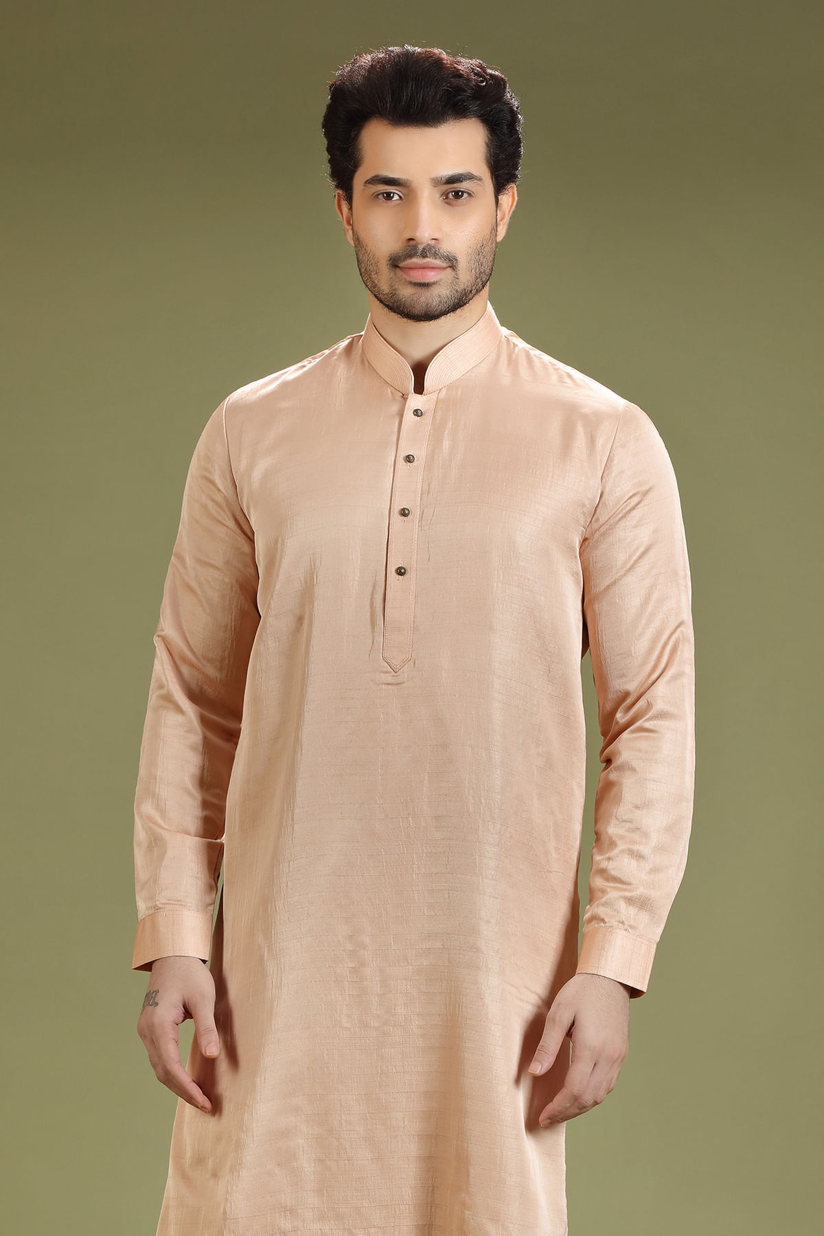 Light Peach Silk Straight-Cut Kurta Pajama (2-Piece) - Image 2