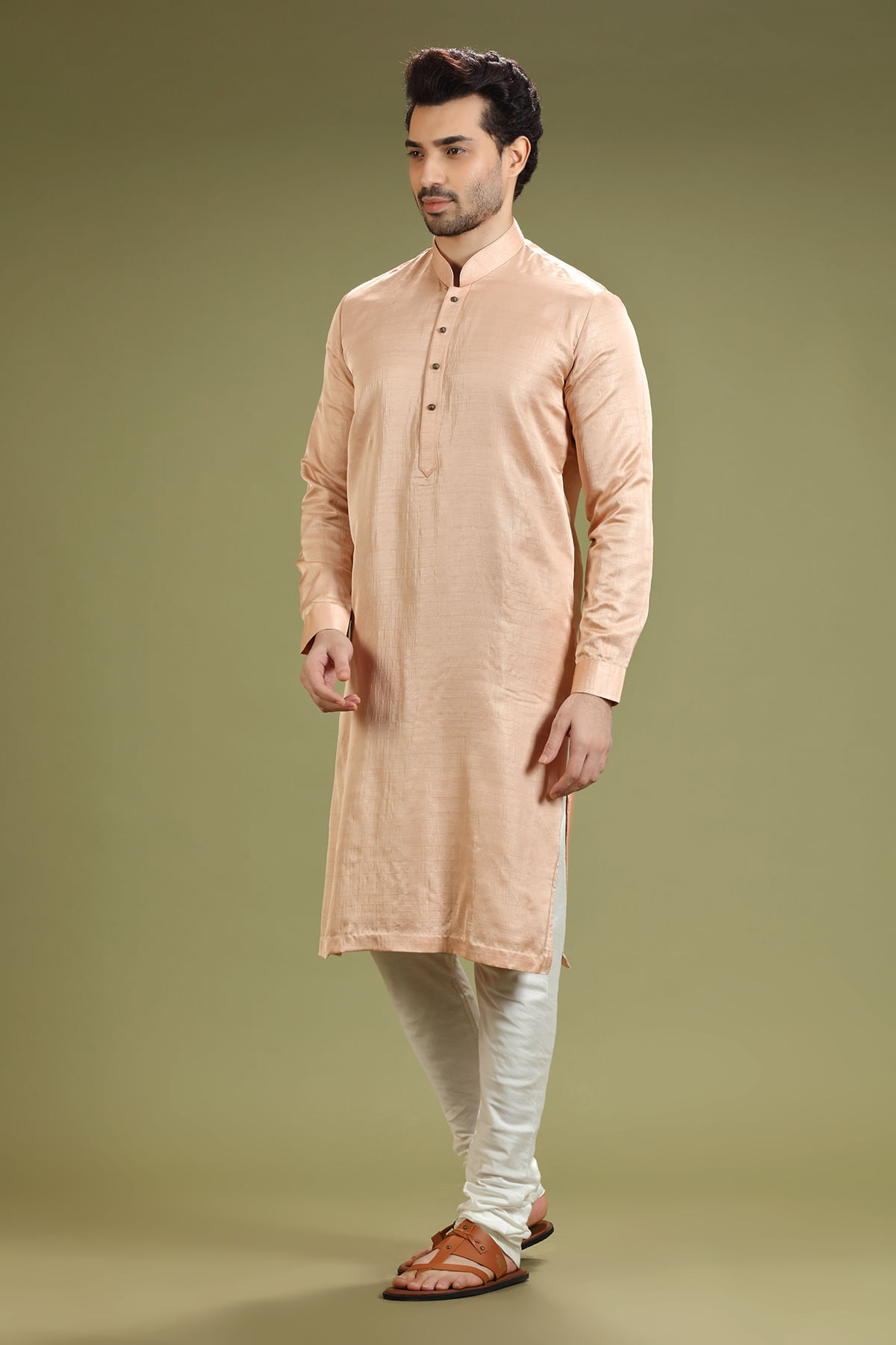 Light Peach Silk Straight-Cut Kurta Pajama (2-Piece) - Image 3