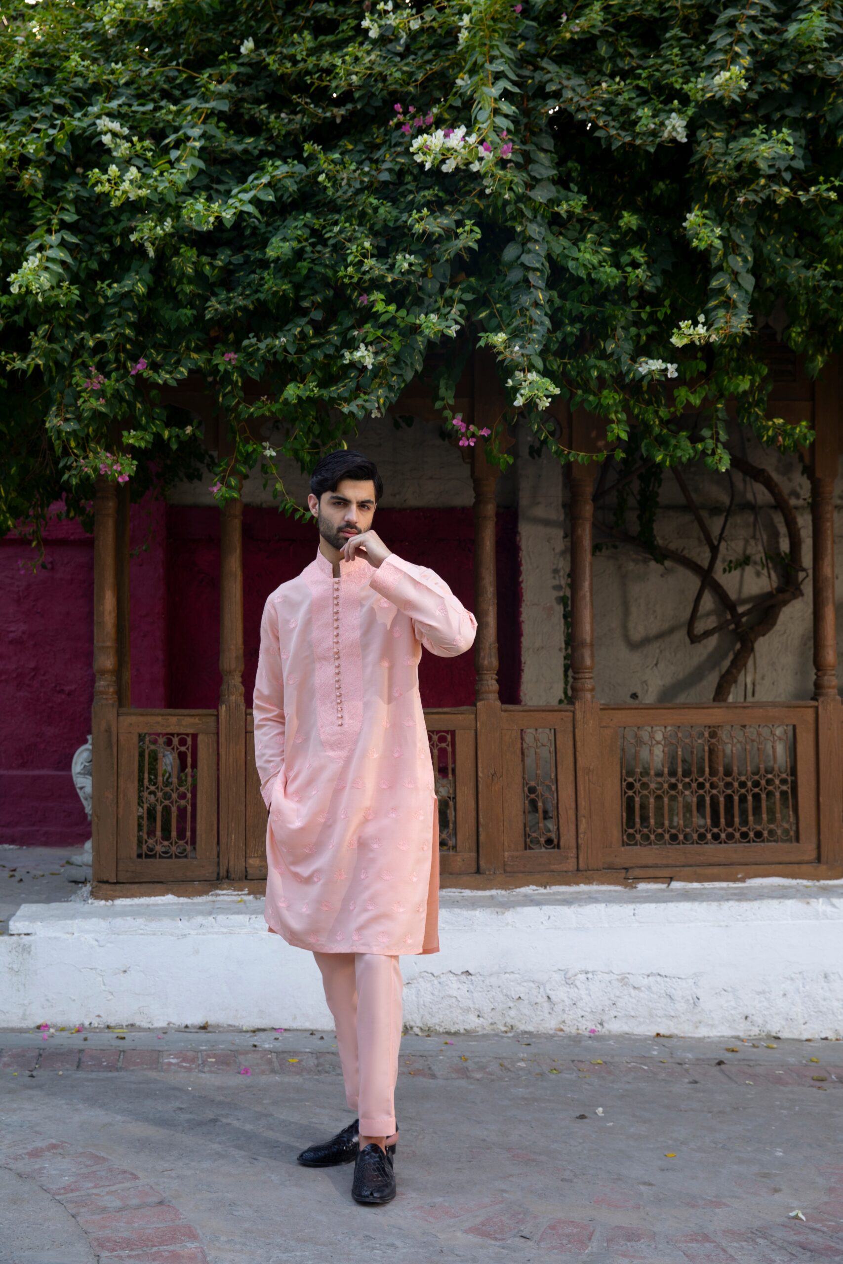 Pastel Peach Embroidered Silk Kurta Pajama (2-Piece) - Image 1