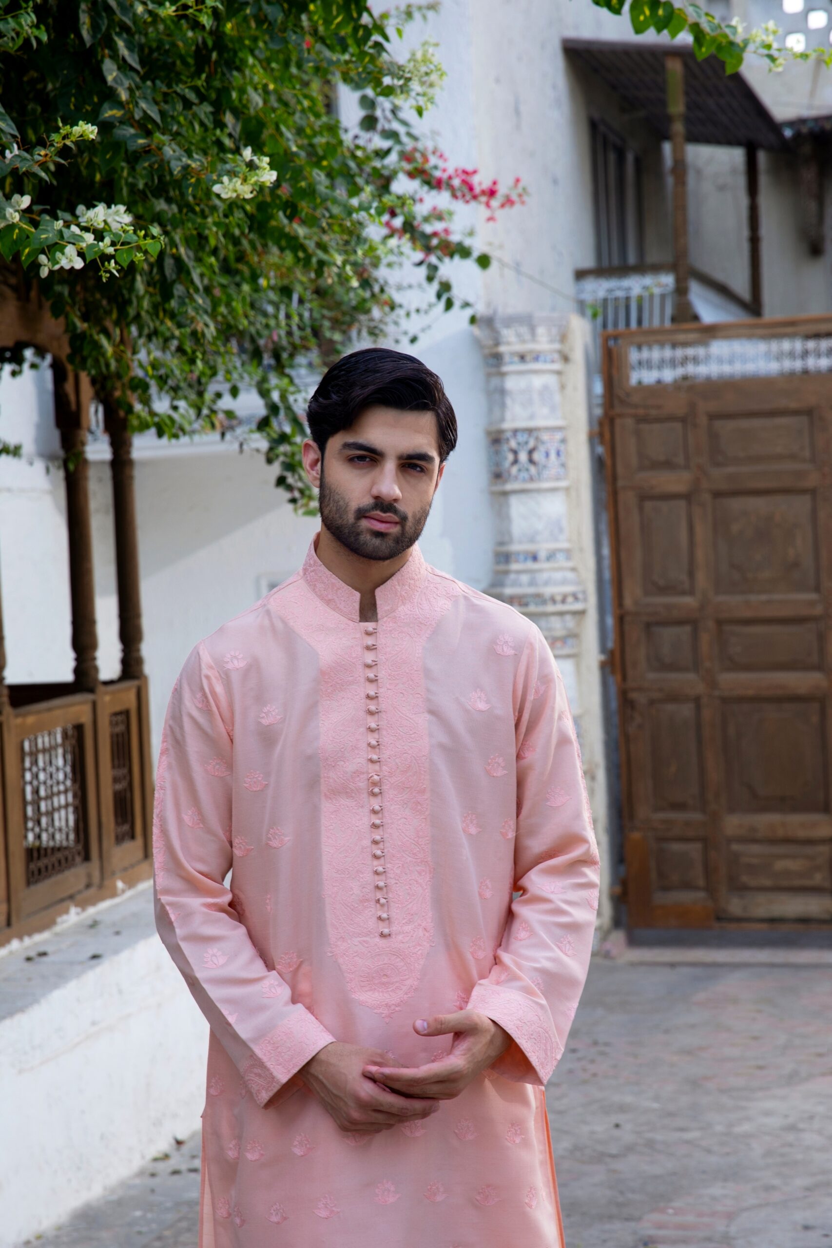 Pastel Peach Embroidered Silk Kurta Pajama (2-Piece) - Image 2