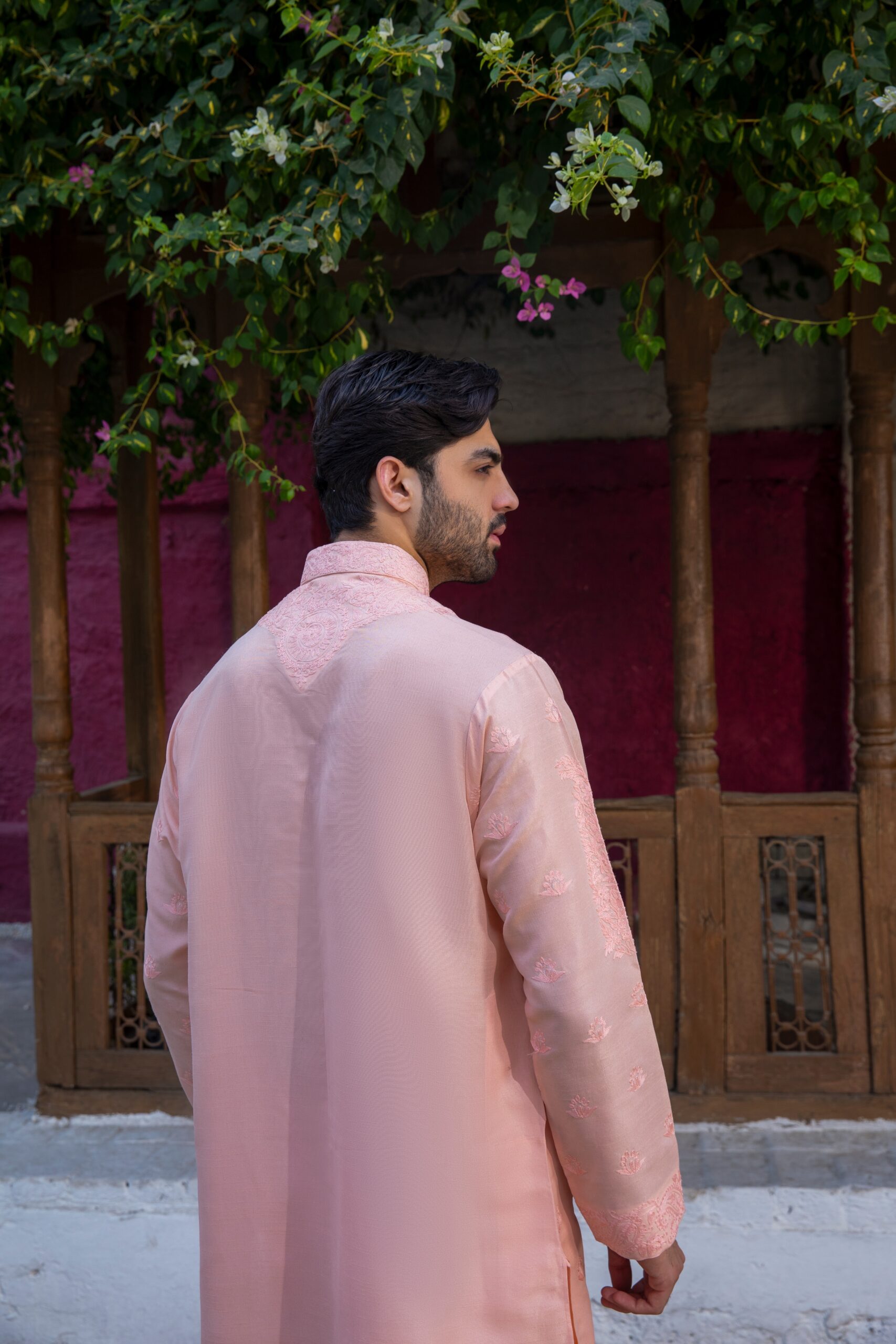 Pastel Peach Embroidered Silk Kurta Pajama (2-Piece) - Image 3