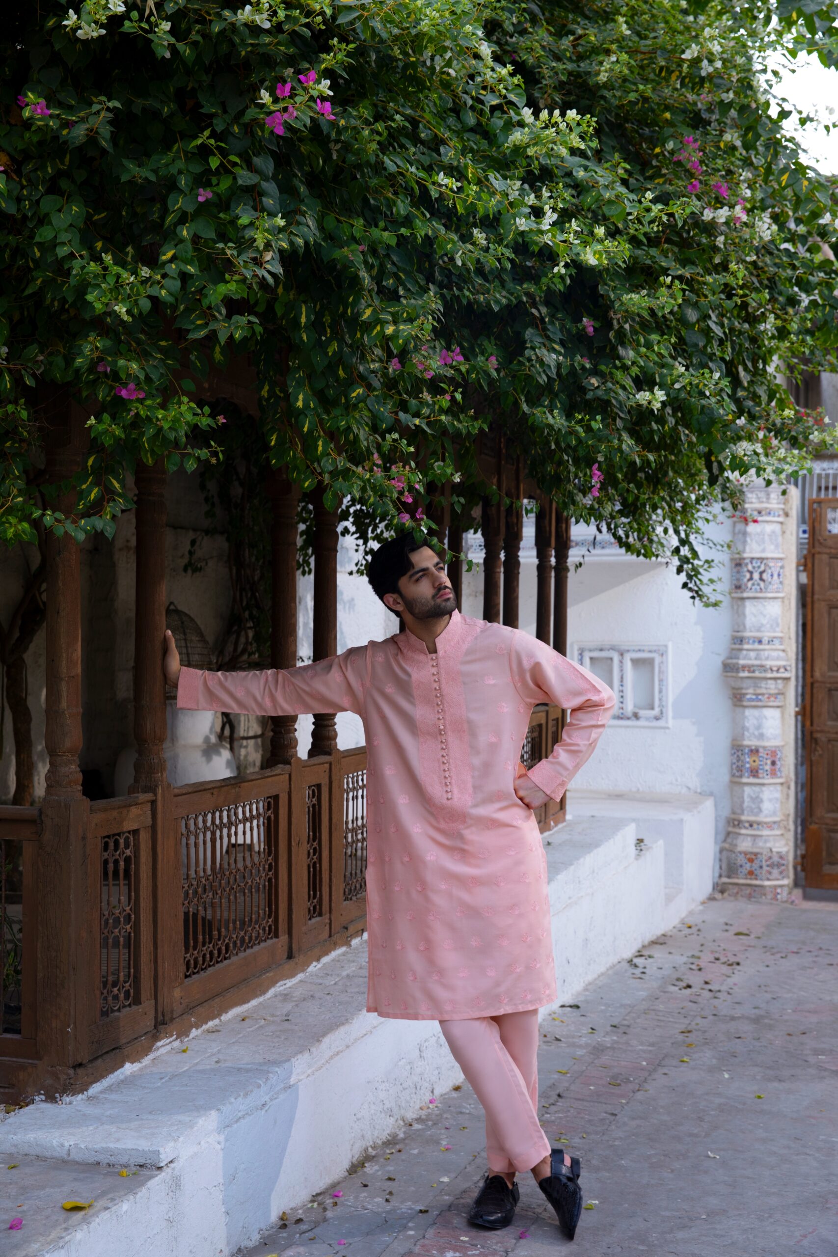 Pastel Peach Embroidered Silk Kurta Pajama (2-Piece) - Image 4
