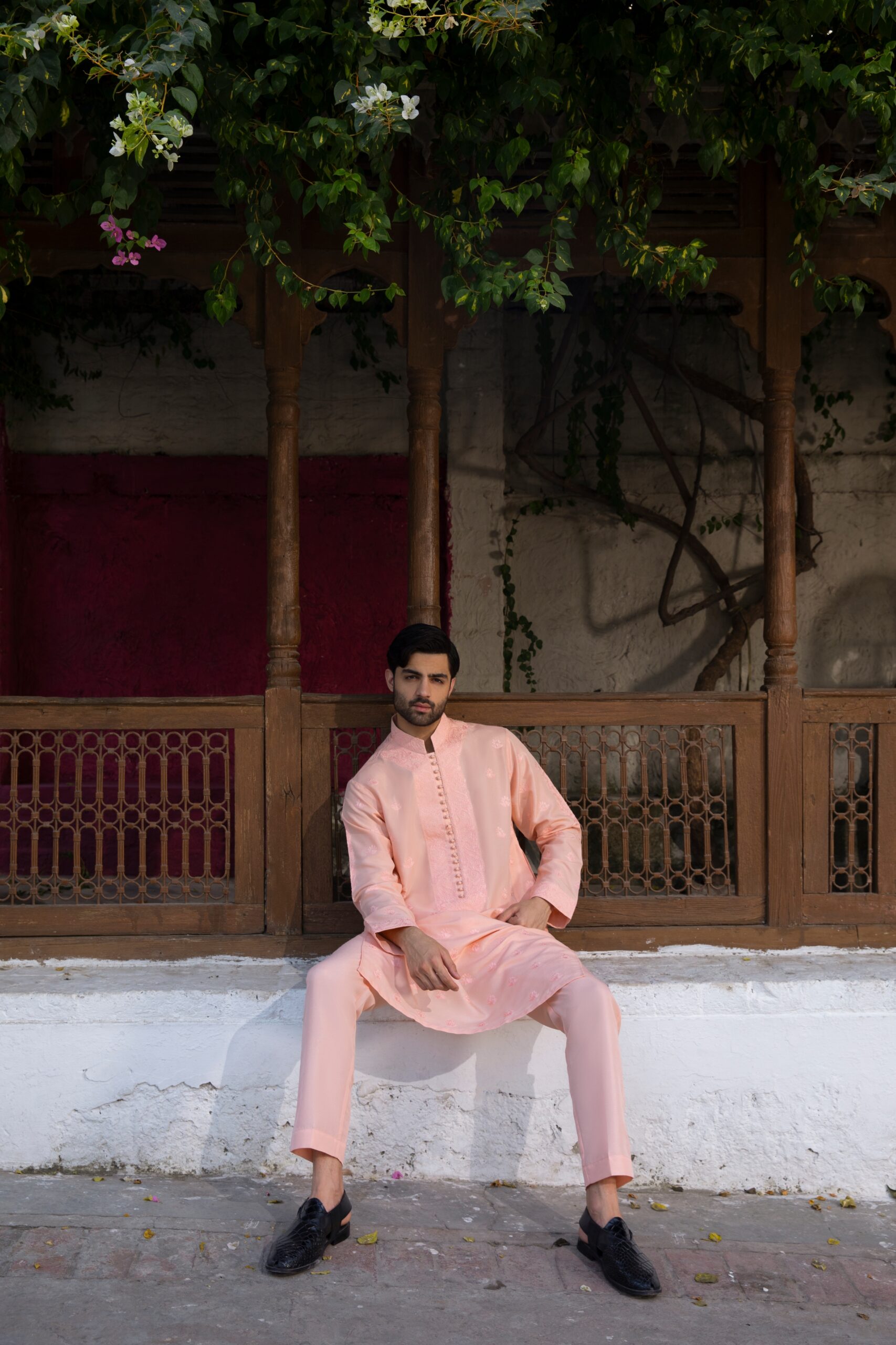 Pastel Peach Embroidered Silk Kurta Pajama (2-Piece) - Image 5