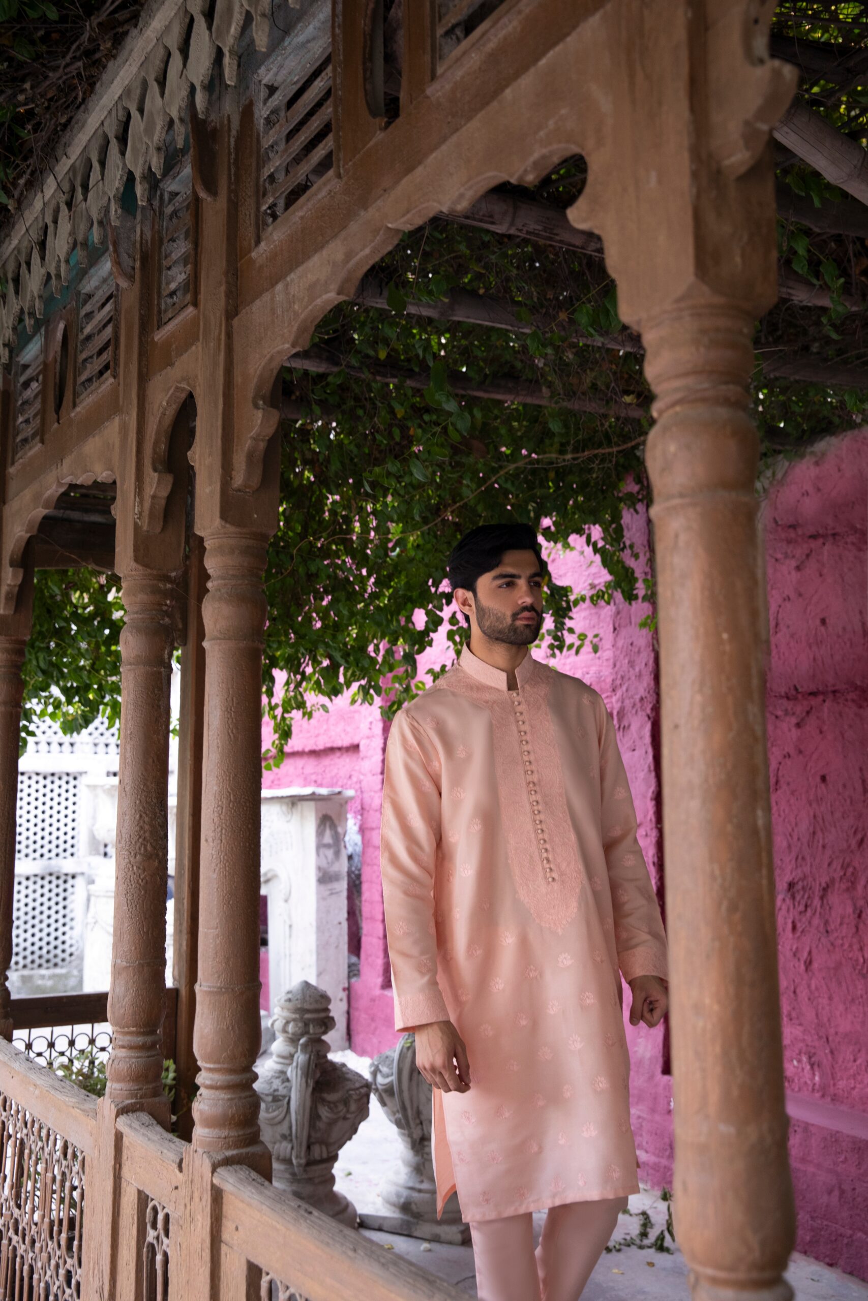 Pastel Peach Embroidered Silk Kurta Pajama (2-Piece) - Image 6