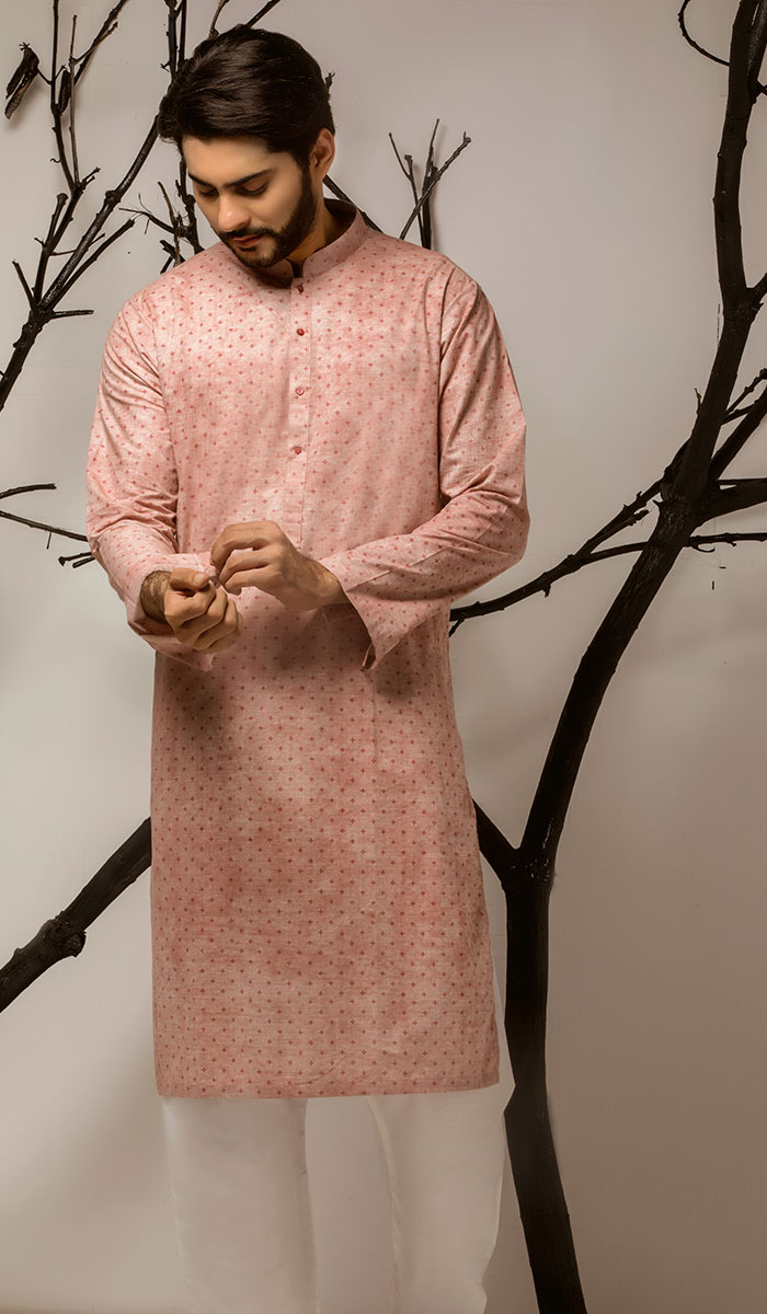 Cantaloupe Embroidered Cotton Weave Kurta (2-Piece) - Image 1